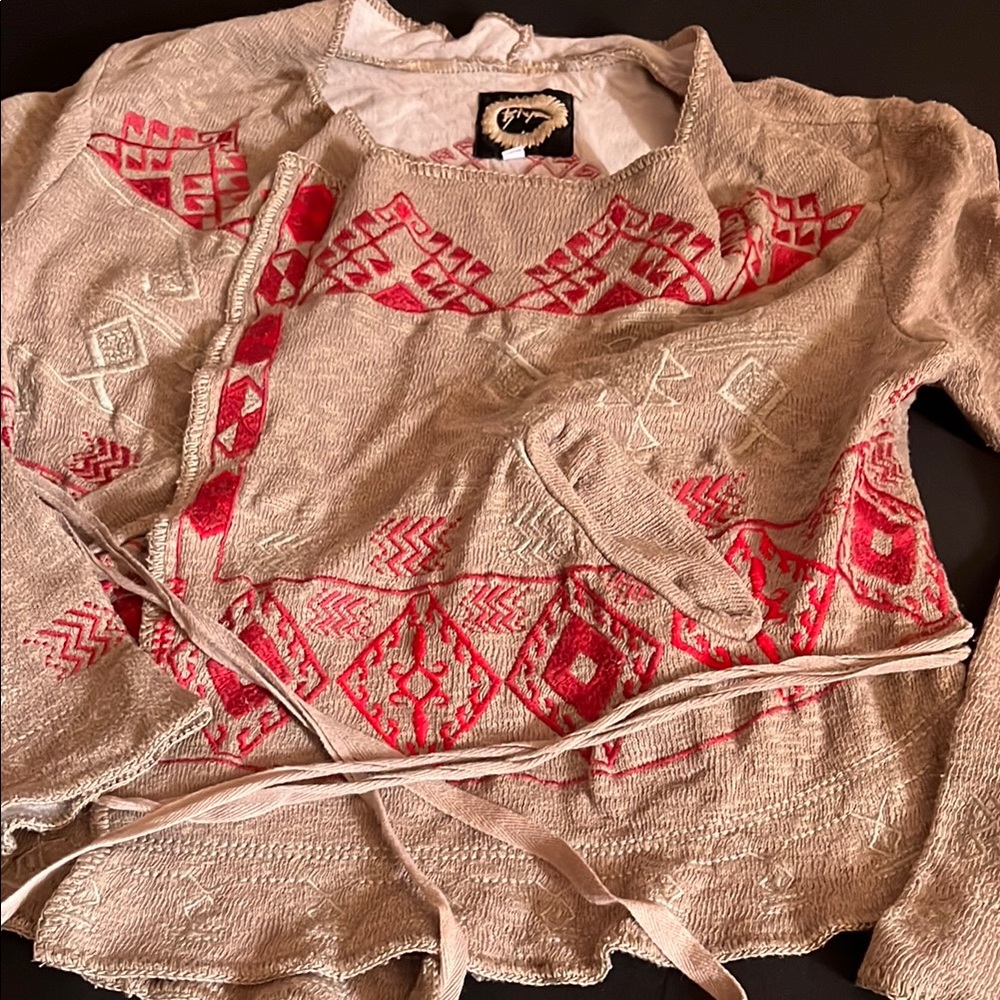 BIYA Red and Beige Embroidered Cardigan with ties and pockets XS